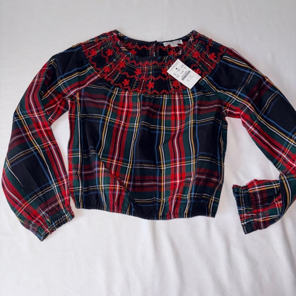 Crewcuts Girls Plaid Smocked Embroidered Top Long Sleeve Red Black Size M age 8 - Picture 1 of 9